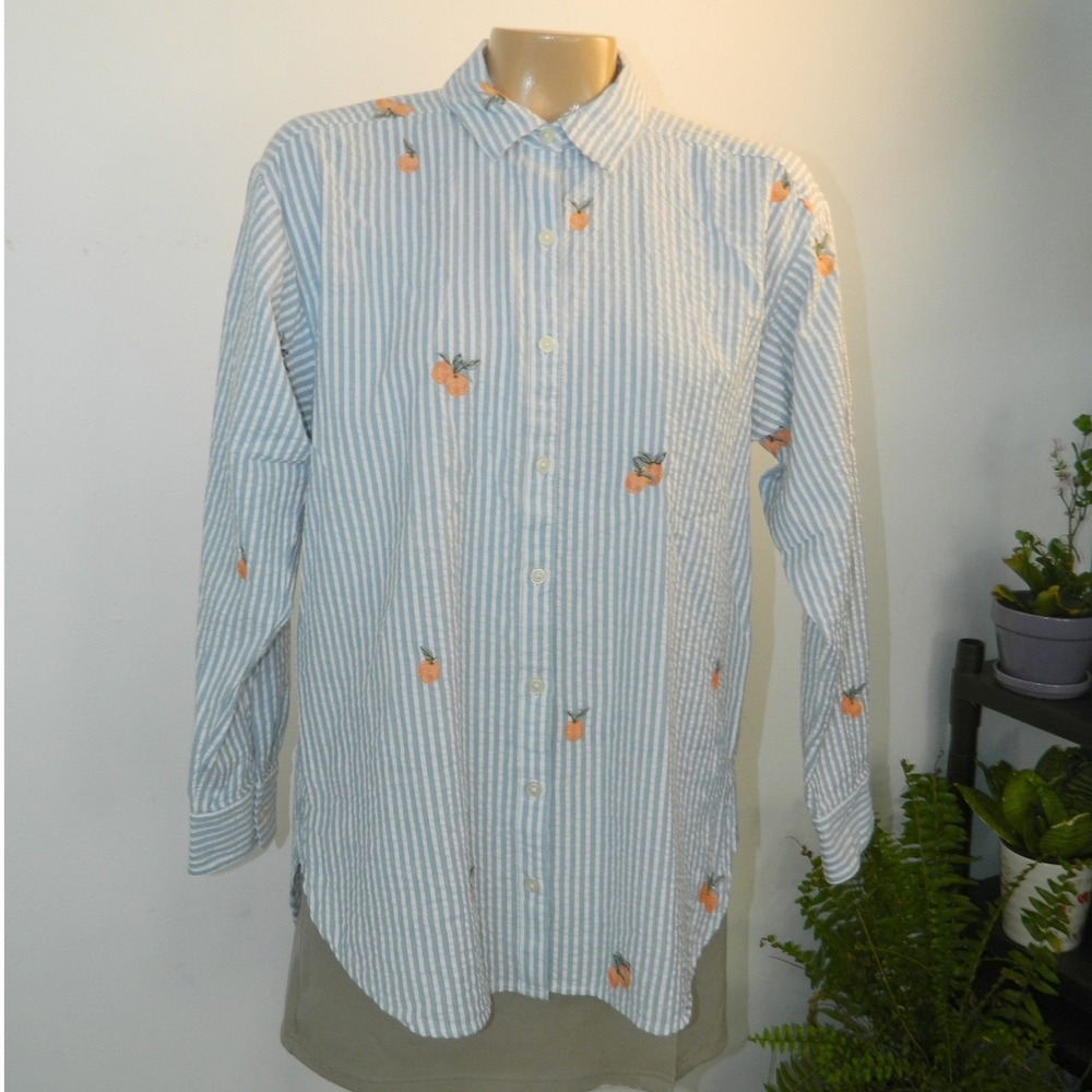 LOFT Button Down Shirt Womens Small Blue White Stripe Embroidered Oranges Fruit